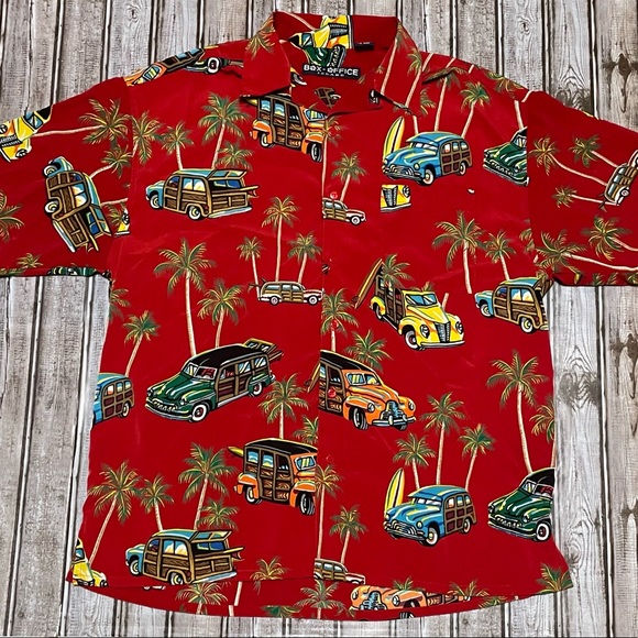 Box Office Island Other - Box Office Island Mens Hawaiian Novelty Print Button Shirt Red Woodie Cars, Sz L